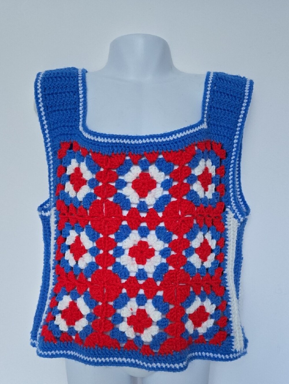 Vintage Handmade Crochet Granny Square Tank Top in Red, White & Blue